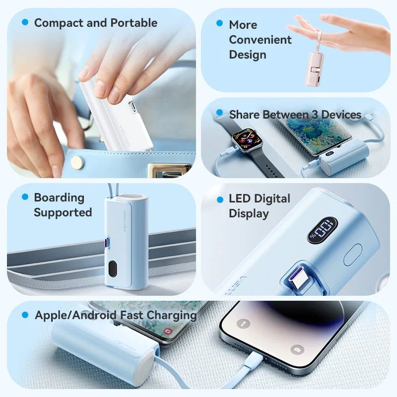 УМБ Vention 4800mAh 22,5W PD, USB-C In/Out, LED display, with built-in Lightning cable White (FHQW0)