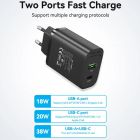 Зарядний пристрій 2xUSB 38W PD,QC3.0 (USB-C+USB-A) чорний Vention (FBIB0-EU)