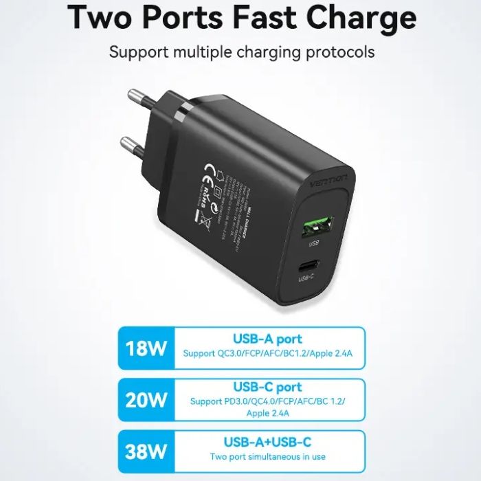 Зарядний пристрій 2xUSB 38W PD,QC3.0 (USB-C+USB-A) чорний Vention (FBIB0-EU)