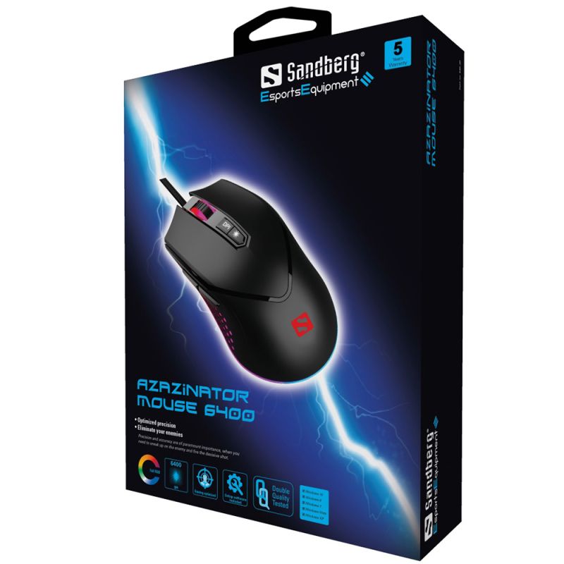 Мишка Sandberg Azazinator Mouse 6400 RGB, ігрова, 6400dpi., 7кн.Huano чорна (640-20)