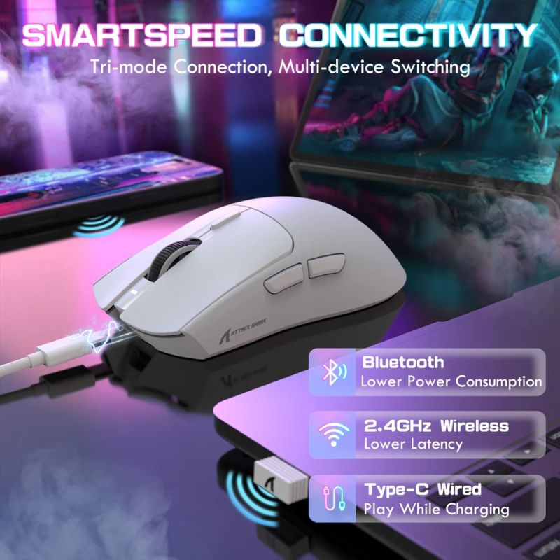Мишка Attack Shark X1, Wireless/Bluetooth, 40000dpi. (PAW3395PRO), 6кн., White (X1W_AS)