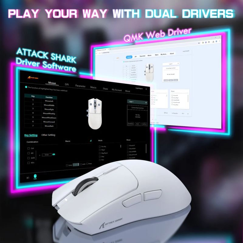 Мишка Attack Shark X1, Wireless/Bluetooth, 40000dpi. (PAW3395PRO), 6кн., White (X1W_AS)