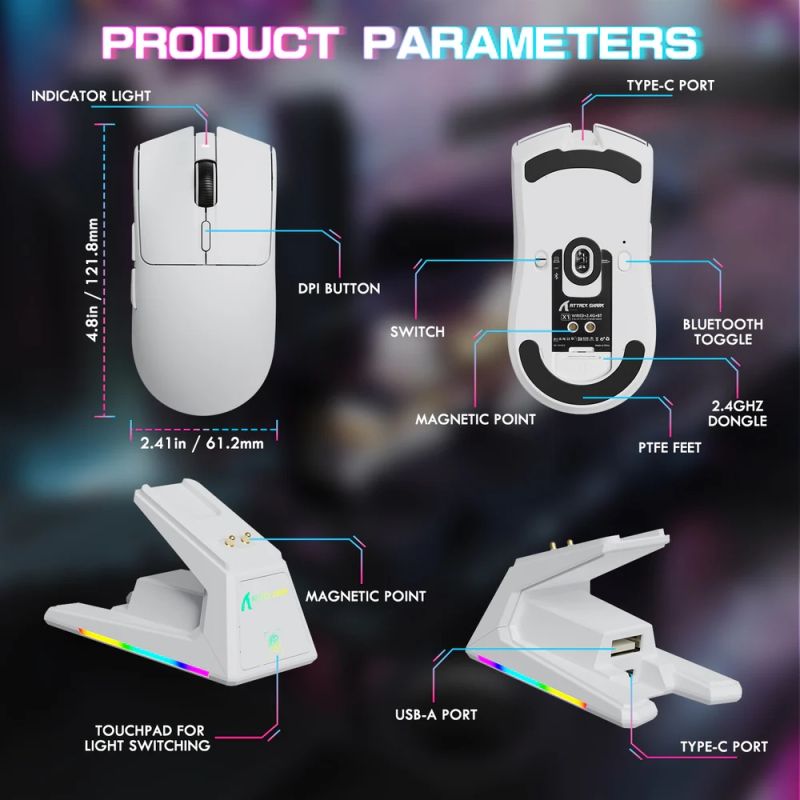 Мишка Attack Shark X1, Wireless/Bluetooth, 40000dpi. (PAW3395PRO), 6кн., White (X1W_AS)