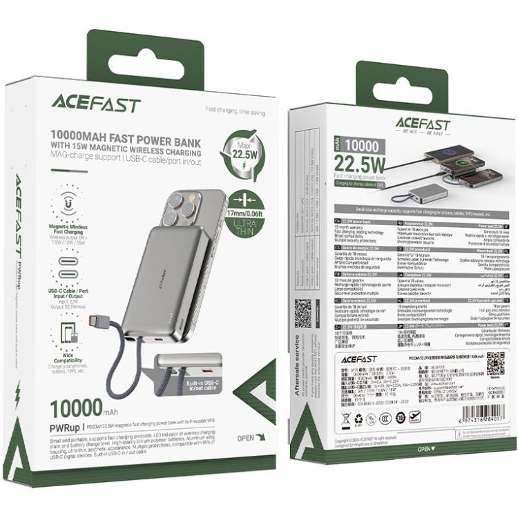 УМБ Acefast Magnetic Wireless 10000mAh 22.5W PD,QC 3.0 USB-C In/Out, QI 15W  M18 Black (6974316284017)