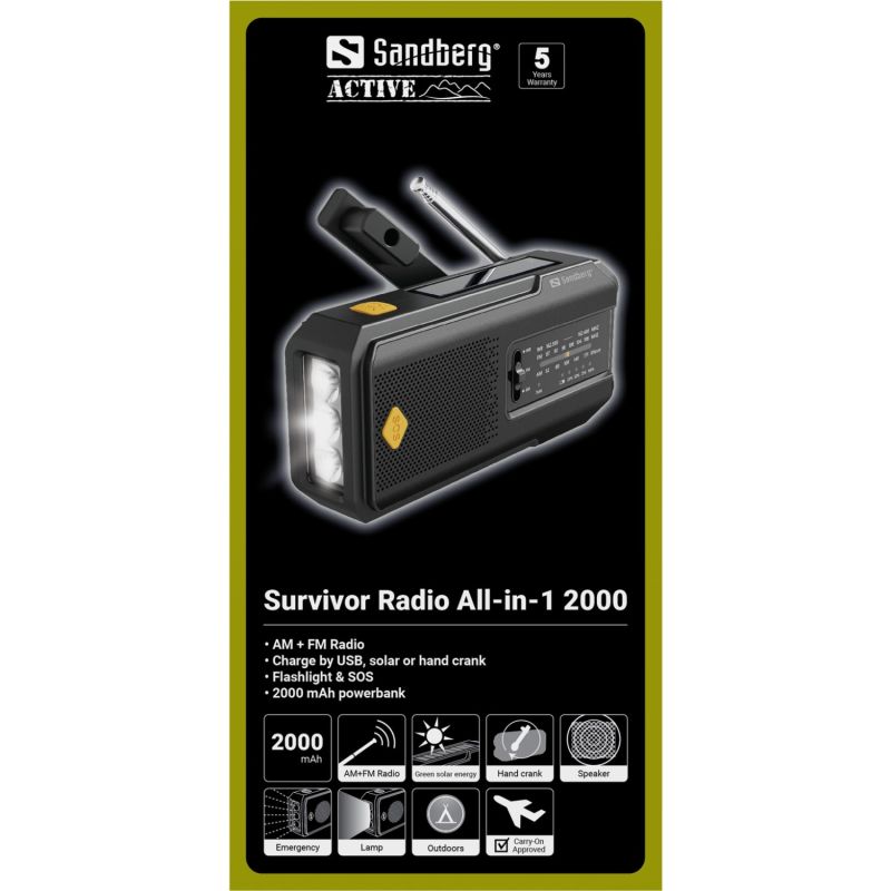 Радіо приймач FM/AM Survivor Radio All-in-1 2000, solar charger, powerbank, Flashlight, Sandberg (421-04)