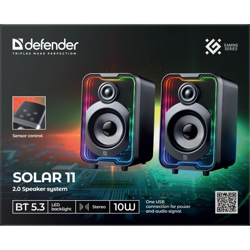 Акустична система 2.0 Defender Solar 11 10Вт, Bluetooth, RGB підсвітка, USB, чорна (65811)