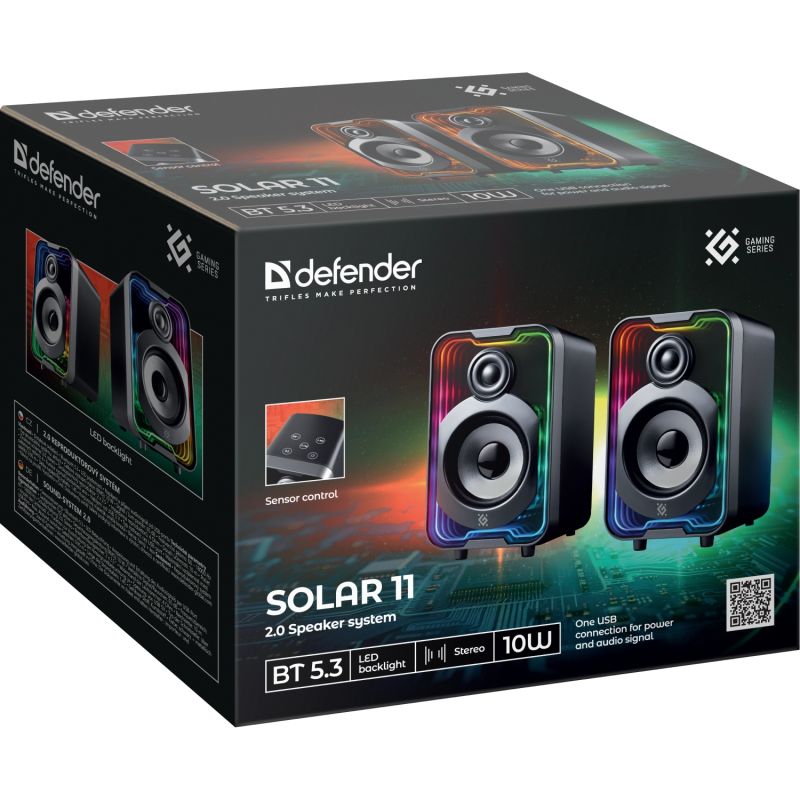 Акустична система 2.0 Defender Solar 11 10Вт, Bluetooth, RGB підсвітка, USB, чорна (65811)
