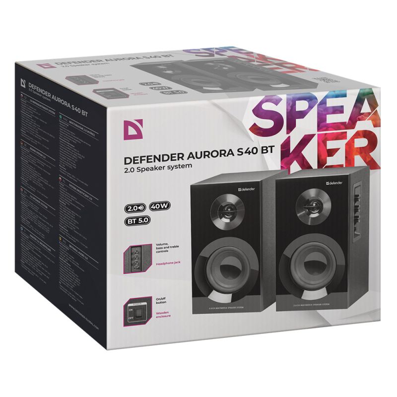 Акустична система 2.0 Defender Aurora S40, 40Вт (RMS) MDF Bluetooth,чорна (65240)