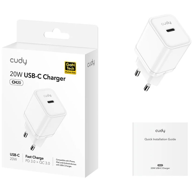 Зарядний пристрій 1xUSB 20W, (GaN, 1хUSB-C, QC+PD 3.0, вилка ЄС, для iPhone серії 12 та новіших мод. (CH20)