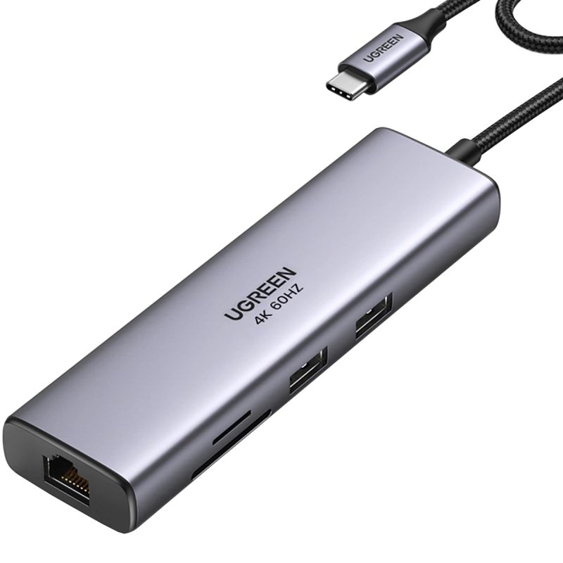Док-станція USB3.1 Type-C --> HDMI 4K60Hz/USB 3.0x2/RJ45/SD/TF/PD 100W Ugreen CM512 Сіра (90568)