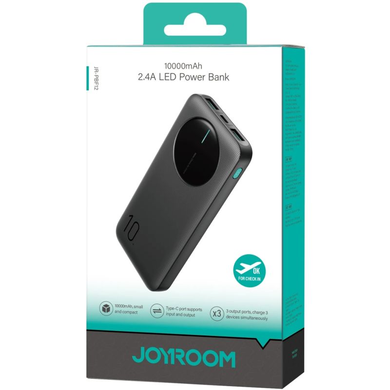 УМБ Joyroom 10000mAh 12W 2xUSB-A, USB-C In/Out, Black (JR-PBF12) (6956116713256)