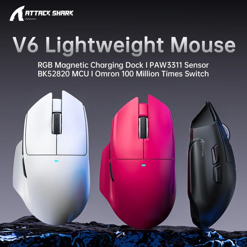 Мишка Attack Shark V6 Ultra-Light, Wireless/Bluetooth, 25000dpi. (PAW3311), 7кн., Black (V6B_AS)