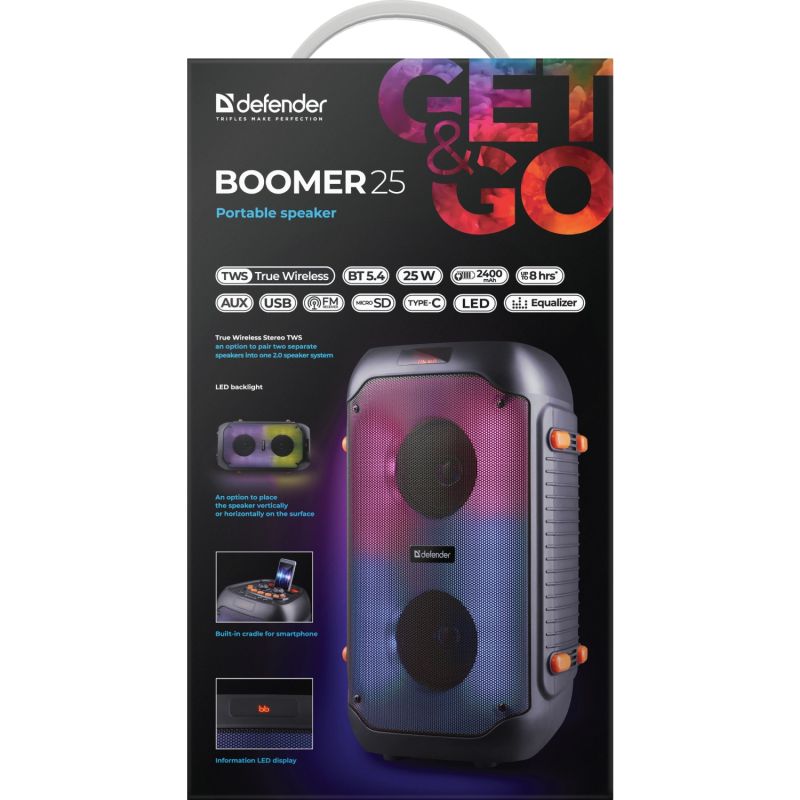 Акустична система 2.0 Defender Boomer 25, 25Вт RGB/BT/FM/USB/TF/AUX/MIC, чорна (65425)