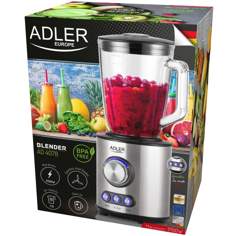 Блендер Adler AD 4078 стаціонарний 1700Вт/ 2 швидк./ Ice Crush/ чаша для змішування 1500мл/ срібляст (AD4078)