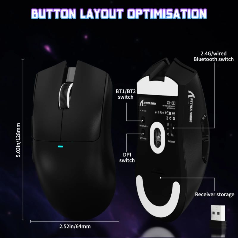 Мишка Attack Shark X11SE, Wireless//Bluetooth, 22000dpi. (PAW3311), 6кн., Black (X11SEB_AS)