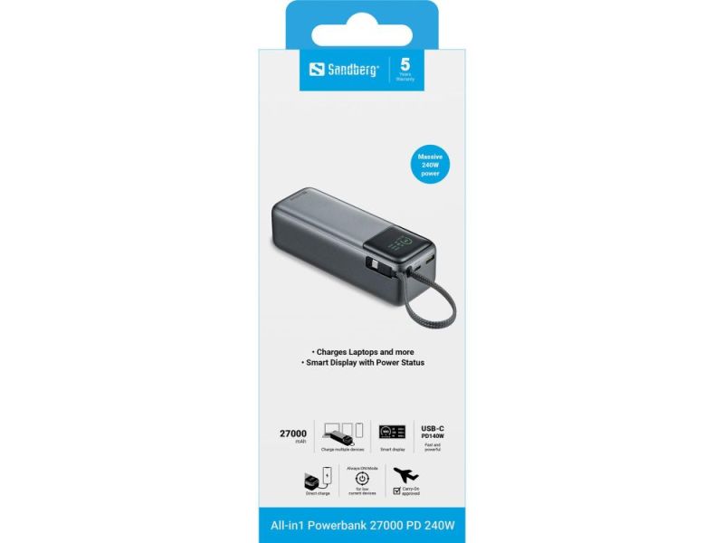 Универсальная мобильная батарея Sandberg All-in1 27000mAh PD 240W Grey (421-31)