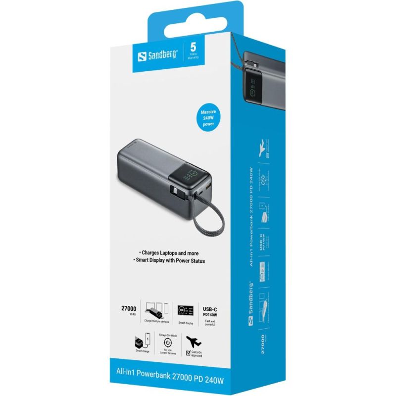 Универсальная мобильная батарея Sandberg All-in1 27000mAh PD 240W Grey (421-31)
