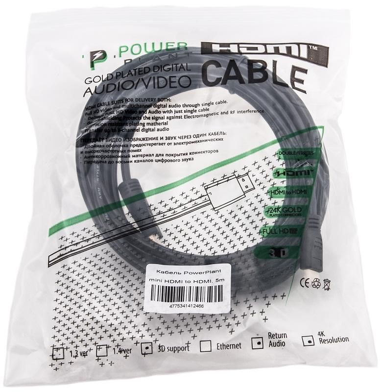 Кабель PowerPlant miniHDMI-HDMI v1.3, 5м, Black (KD00AS1246)