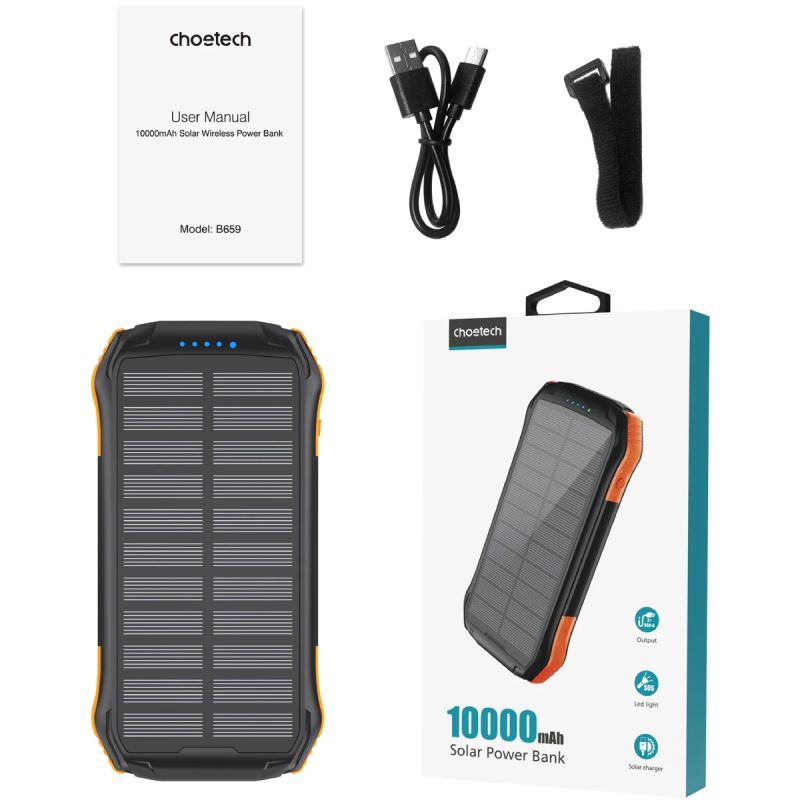 УМБ Choetech 10000mAh  2xUSB-A,1xUSB-C,solar panel, Qi-5W Black-Orange (B659-OR)