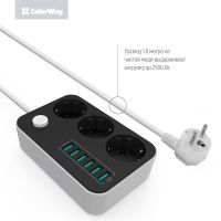 Фільтр живлення ColorWay 3 розетки, 6 USB, 1.8 м, чорний (CW-CHE36B)