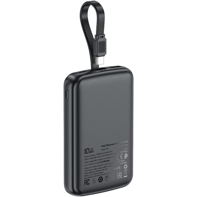 УМБ Acefast 10000mAh 22.5W PD,QC3.0 2xUSB-C,USB-A, with build Type-C cable, M13 Black (6974316283959)