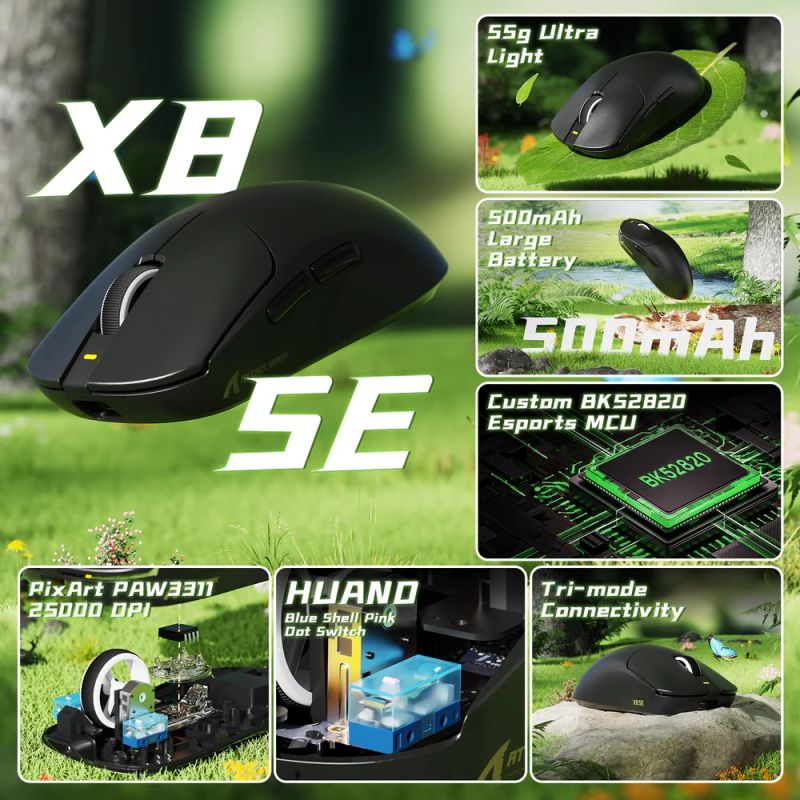 Мишка Attack Shark X8 SE, Wireless/Bluetooth, 25000dpi. (PAW3311), 6кн., Black (X8SEB_AS)