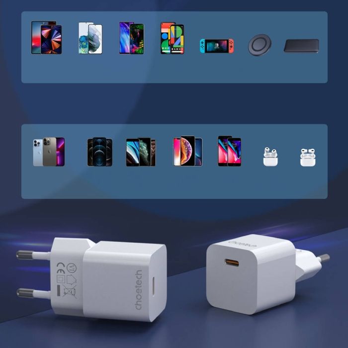Зарядний пристрій 1xUSB-С 20W PD білий Choetech (PD5010-EU-WH)