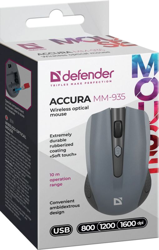 Мишка Defender Accura MM-935, бездротова, 4кн., до 1600dpi, сіра (52936)