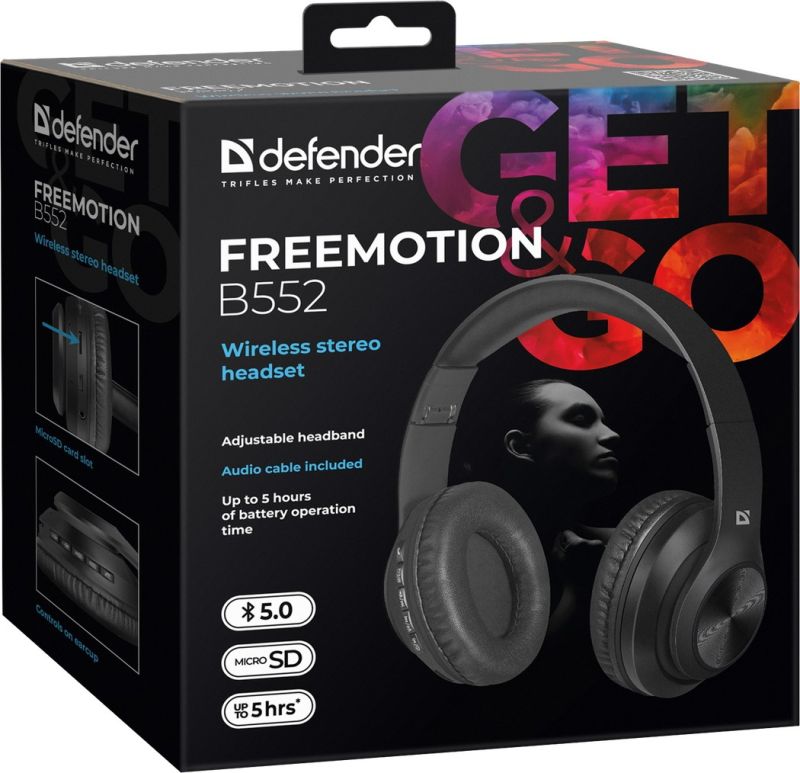 Гарнітура Defender FreeMotion B552 Bluetooth+3,5мм, Black (63552)