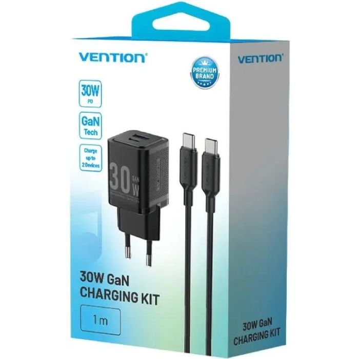 Зарядний пристрій 2xUSB 30W (USB-A/USB-C) + USB-C cable М-М  Black Vention (TZ-FEQB0-EU-01)