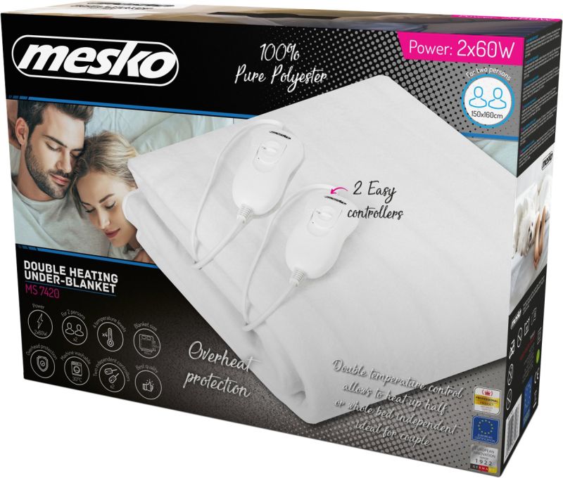 Електропростирадло Mesko MS 7420 двоспальне/ 2х60 Вт/ 150x160/ 4 рівні нагріву/ поліестер/ біла (MS7420)