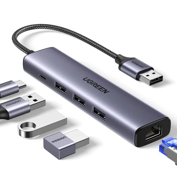 Док-станція USB3.0 --> USB-Ax3,3.0/RJ45 (1000M) Ethernet/ Type-C 10W 5 in 1 Hub CM475 Ugreen (60554)