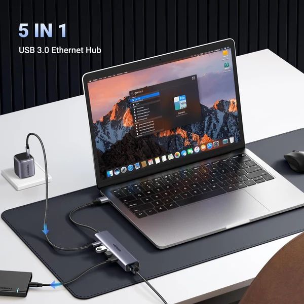 Док-станція USB3.0 --> USB-Ax3,3.0/RJ45 (1000M) Ethernet/ Type-C 10W 5 in 1 Hub CM475 Ugreen (60554)