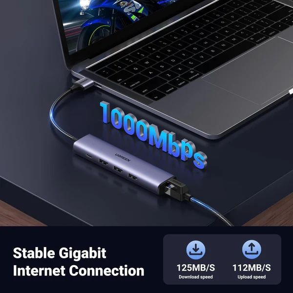 Док-станція USB3.0 --> USB-Ax3,3.0/RJ45 (1000M) Ethernet/ Type-C 10W 5 in 1 Hub CM475 Ugreen (60554)
