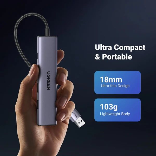 Док-станція USB3.0 --> USB-Ax3,3.0/RJ45 (1000M) Ethernet/ Type-C 10W 5 in 1 Hub CM475 Ugreen (60554)