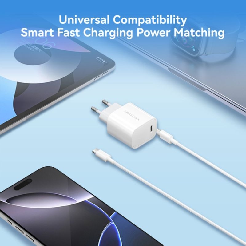 Зарядний пристрій 1xUSB-C 30W + USB-C cable М-М  White Vention (G18W0-EU)