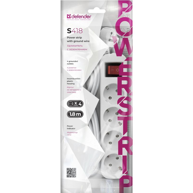 Power filtr 1.8м Defender S418, 4 розетки, з вимикачем, заземленням (992370)