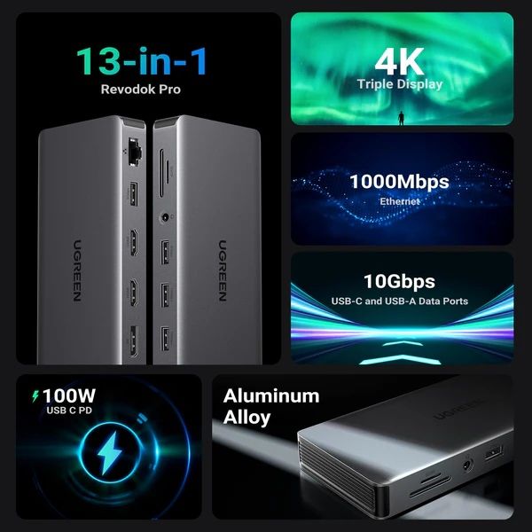 Док-станція USB3.2 Type-C --> HDMIx2,4K60Hz/4xUSB-A/2xUSB-C3.2/DP4K60Hz/RJ45/SD/TF/AUX PD 100W CM681 (15978)