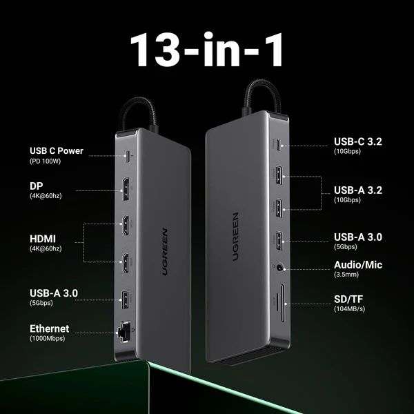 Док-станція USB3.2 Type-C --> HDMIx2,4K60Hz/4xUSB-A/2xUSB-C3.2/DP4K60Hz/RJ45/SD/TF/AUX PD 100W CM681 (15978)