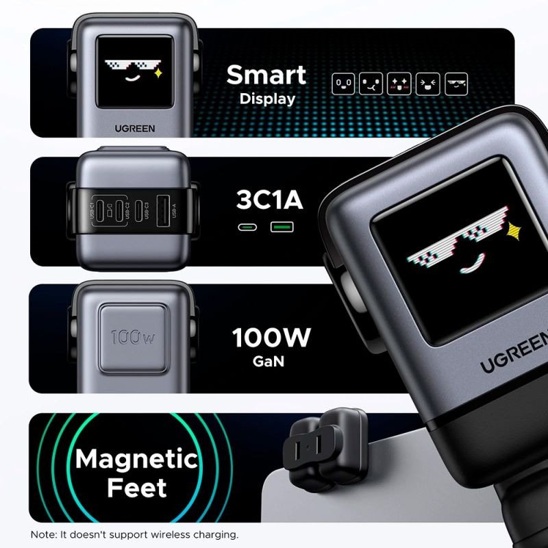 Зарядний пристрій 4xUSB 100W (3xUSB-C+USB-A) Gan Robot tech Fast Charger Сірий X688 Ugreen (45515B)