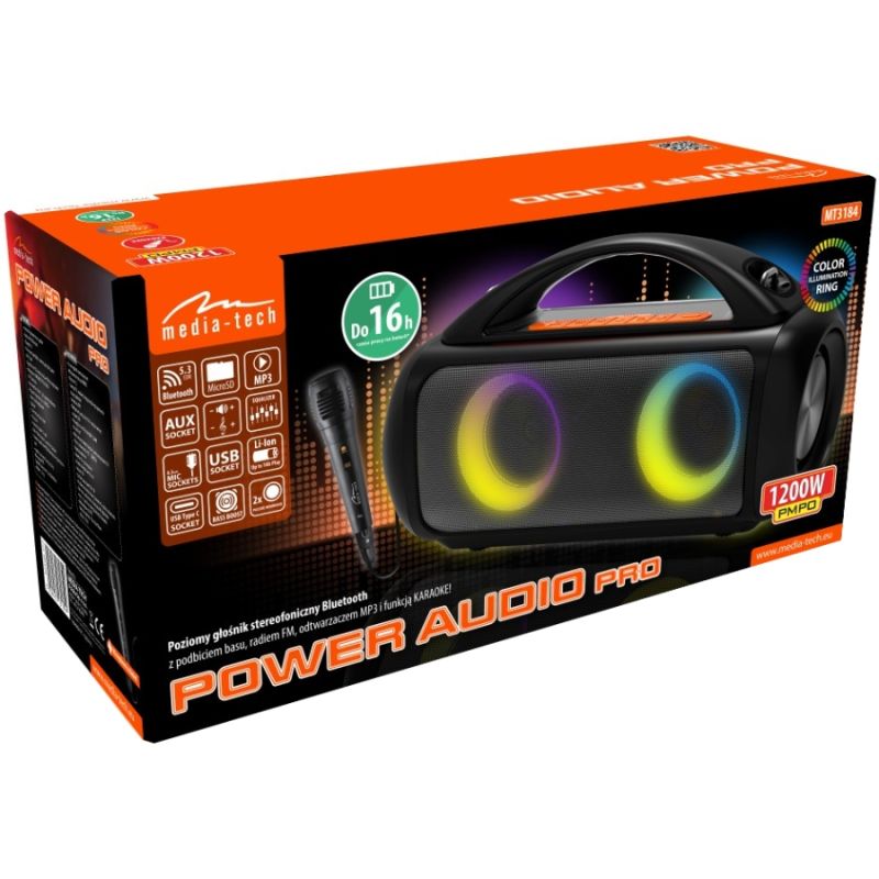 Акустична система 1.0 Media-Tech 60W, Bluetooth/AUX/microSD/MP3/USB/TWS/КАРАОКЕ/RGB,чорна (MT3184)