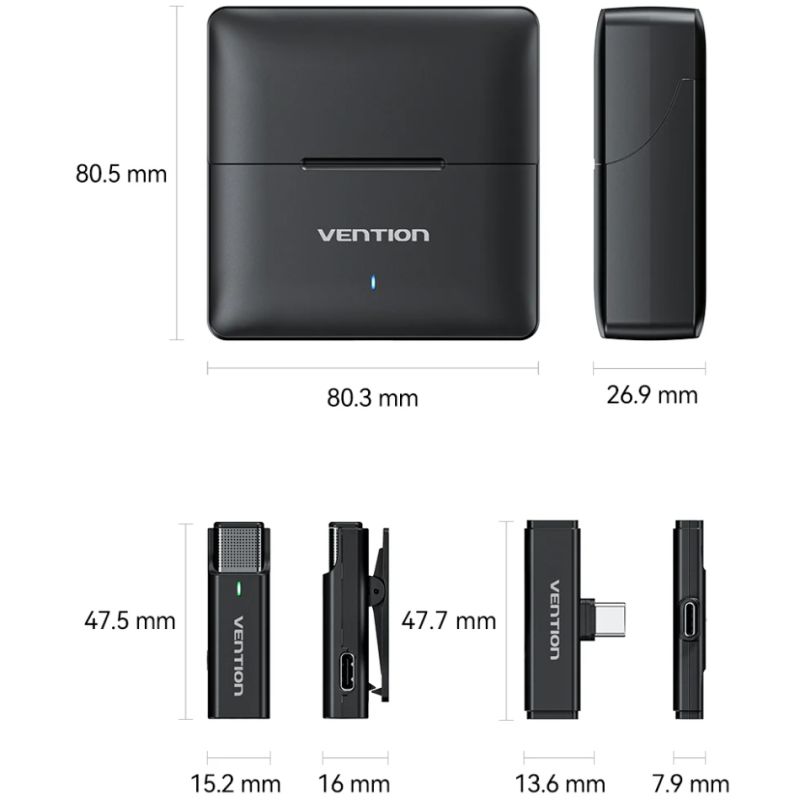 Бездротовий подвійний петличний мікрофон Vention USB-C 2-Pack Wireless Lavalier with Charging Case (NCAB0)