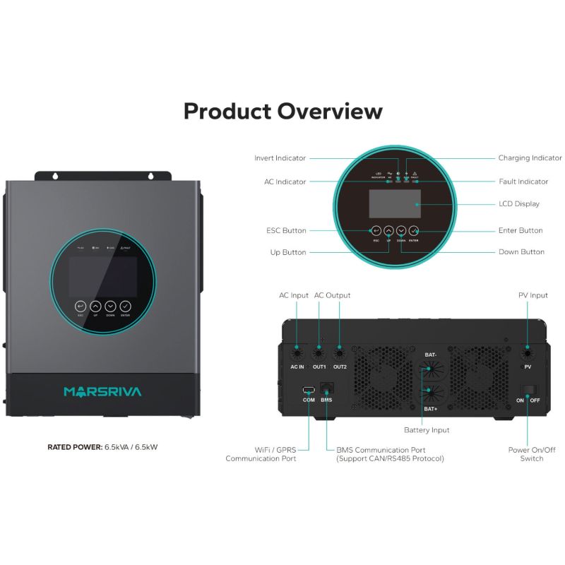 Інвертор Marsriva OFF-G 6.5 kW 230V RS232/RS485 CE PF1 VOL VM III 6.5KW TWIN-48V, include wifi (MR-SPF6.5K-LP1-TL20E)