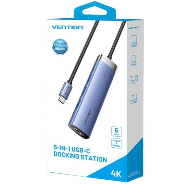 Док-станція USB3.1 Type-C --> HDMI 4K30Hz/USB 3.0x3/PD 100W Blue Aluminum  Alloy Hub 5-in-1 Vention (TGESB)