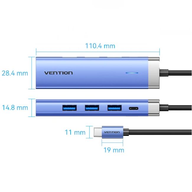 Док-станція USB3.1 Type-C --> HDMI 4K30Hz/USB 3.0x3/PD 100W Blue Aluminum  Alloy Hub 5-in-1 Vention (TGESB)