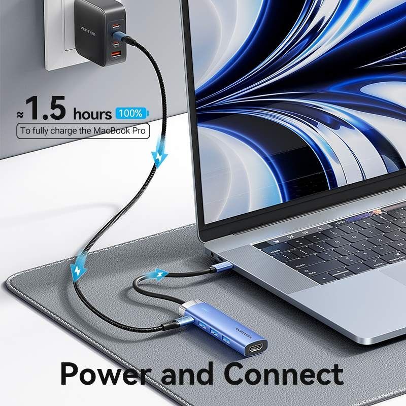 Док-станція USB3.1 Type-C --> HDMI 4K30Hz/USB 3.0x3/PD 100W Blue Aluminum  Alloy Hub 5-in-1 Vention (TGESB)