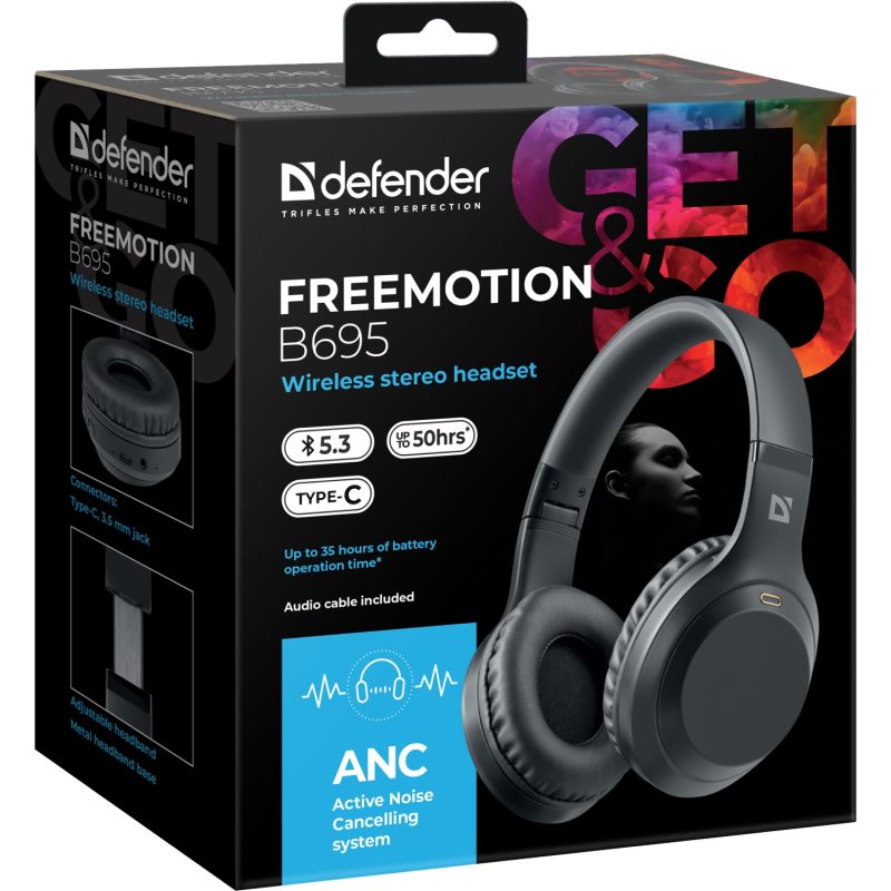 Гарнітура Defender FreeMotion B695,Bluetooth+3,5мм,ANC,Black (63695)