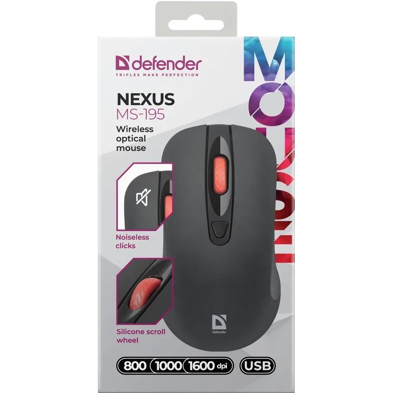 Мишка Defender Nexus MS-195 бездротова, 4 кн. до 1600 dpi, безшумна, чорна (52195)