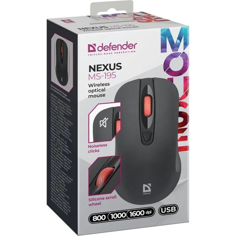 Мишка Defender Nexus MS-195 бездротова, 4 кн. до 1600 dpi, безшумна, чорна (52195)