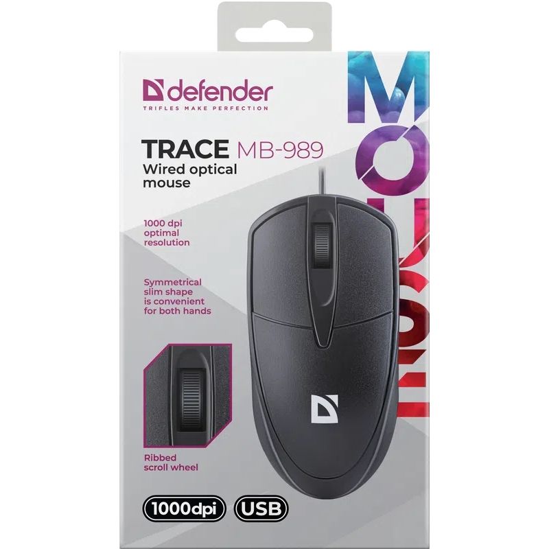 Мишка Defender Trace MB-989, USB, 3кн., 1000dpi, чорна (52989)